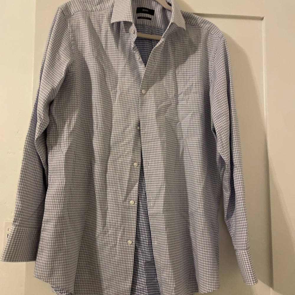 Hugo Boss Mens Regular Fit Dress Shirt Blue White Geometric Print 16.5 42 L